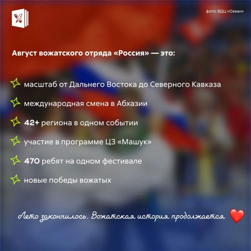 От Владивостока до Пятигорска, от Калуги до Абхазии — таким получился август у вожатского отряда «Россия»! От Владивостока до Пятигорска, от Калуги до Абхазии — таким получился август у вожатского отряда «Россия»!
