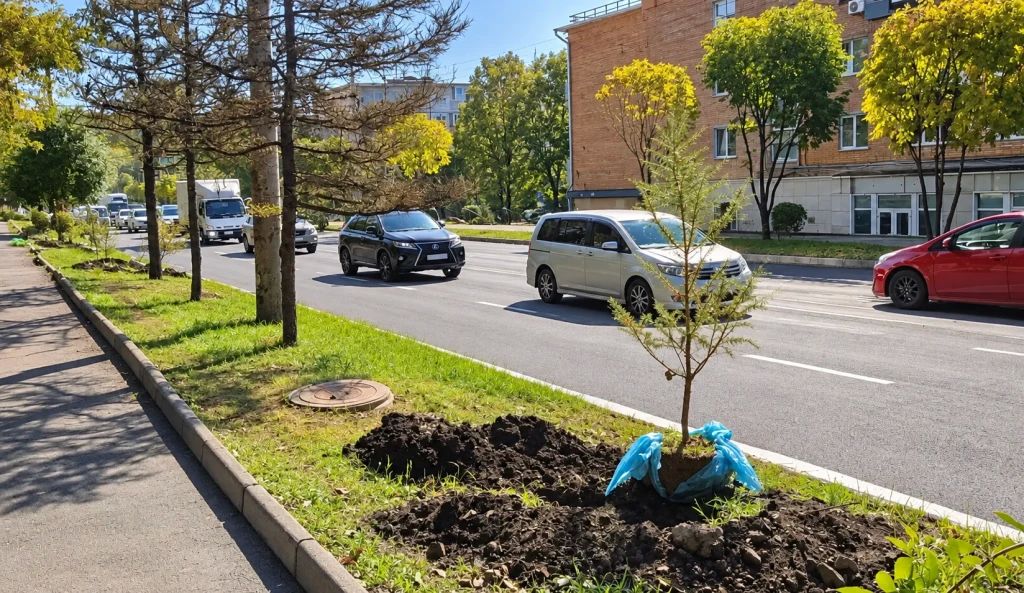 Вдоль улицы Русской во Владивостоке высаживают 21 саженец лиственницы