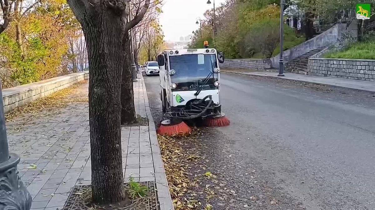 Большая уборка: дорожники Владивостока моют остановки, пылесосят дороги и наводят порядок к зиме