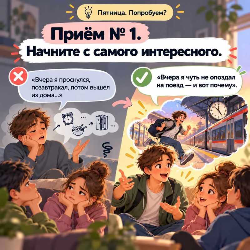 Пятница. Попробуем?. Почему одни истории слушают с интересом, а другие — нет? Дело не всегда в самом событии, а в том, как мы о нём рассказываем Пятница. Попробуем?. Почему одни истории слушают с интересом, а другие — нет? Дело не всегда в самом событии, а в том, как мы о нём рассказываем