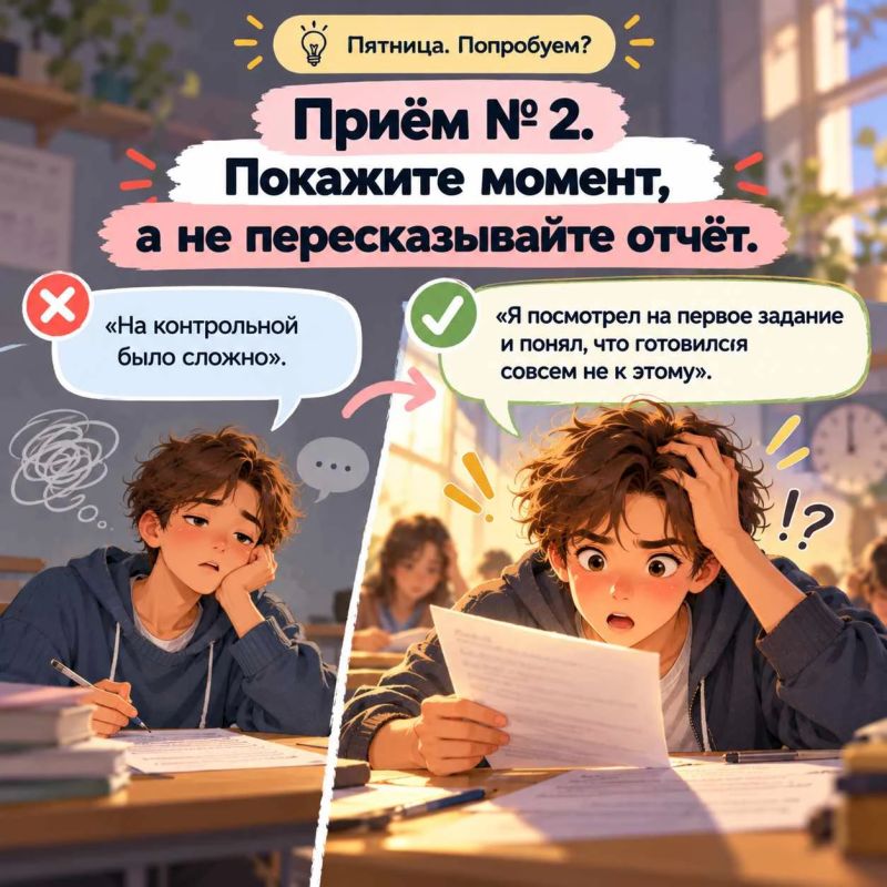 Пятница. Попробуем?. Почему одни истории слушают с интересом, а другие — нет? Дело не всегда в самом событии, а в том, как мы о нём рассказываем Пятница. Попробуем?. Почему одни истории слушают с интересом, а другие — нет? Дело не всегда в самом событии, а в том, как мы о нём рассказываем