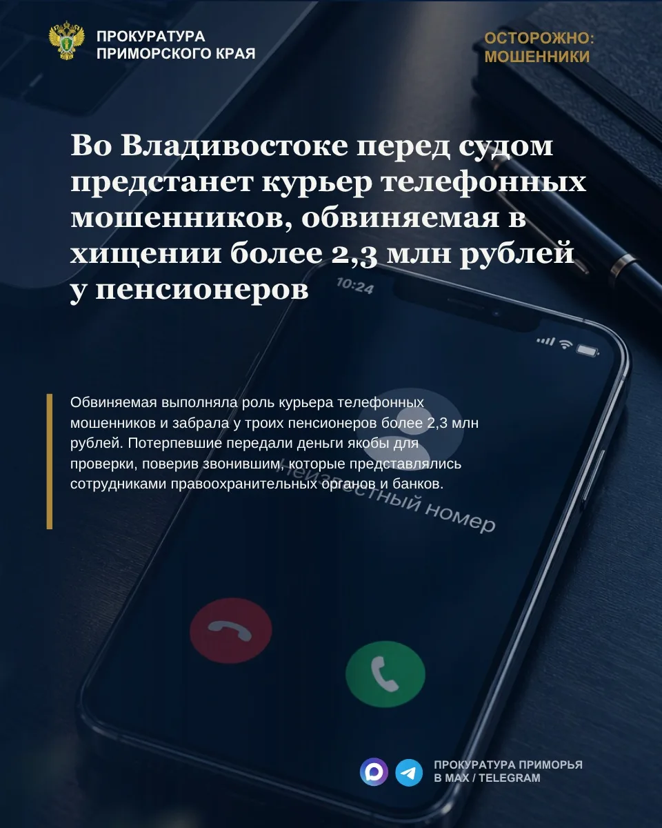 Во Владивостоке перед судом предстанет курьер телефонных мошенников, обвиняемая в хищении более 2,3 млн рублей у пенсионеров